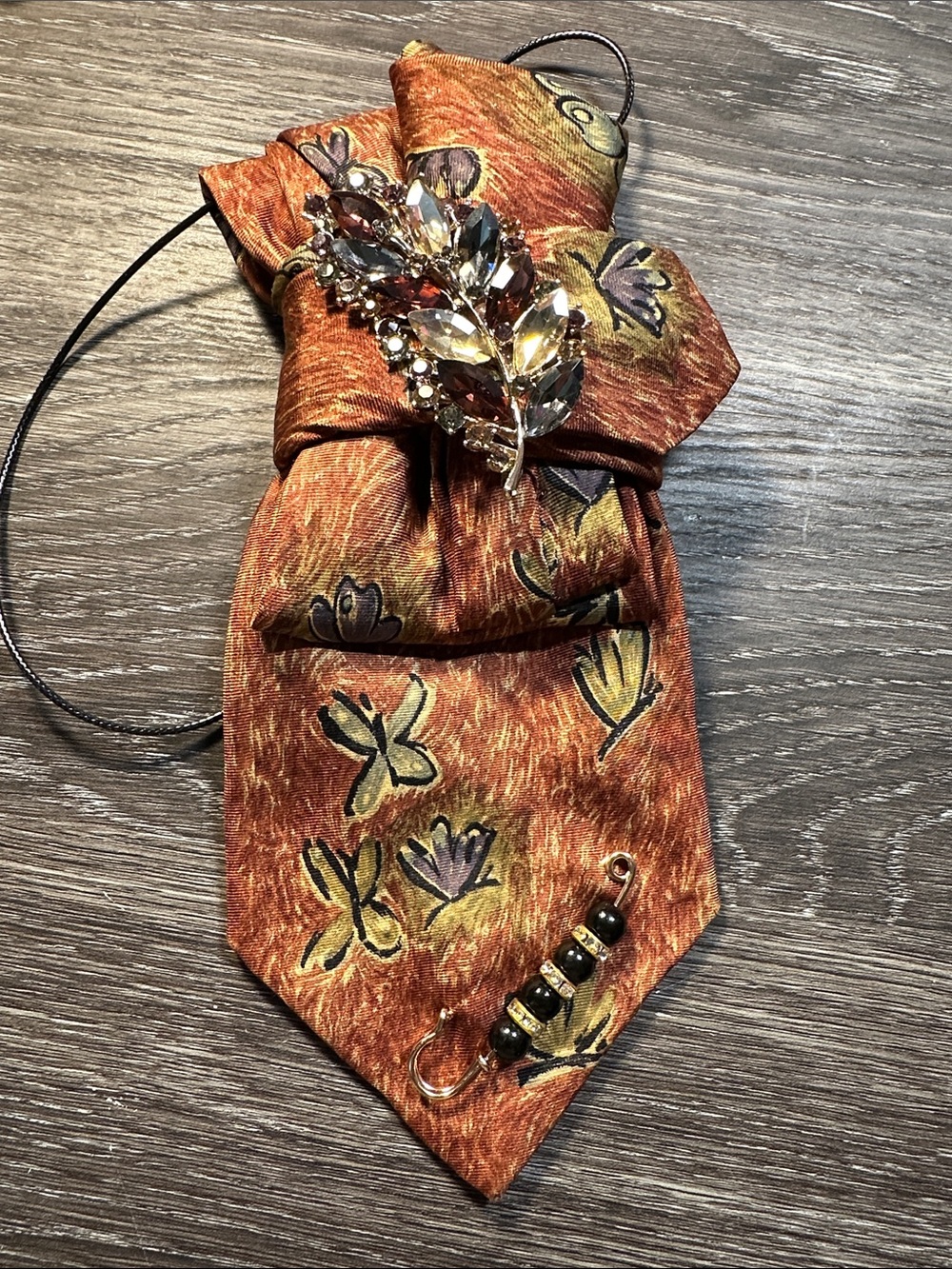 Lands' End Rust Orange Butterfly Necklace Tie with Crystal Leaf Brooch